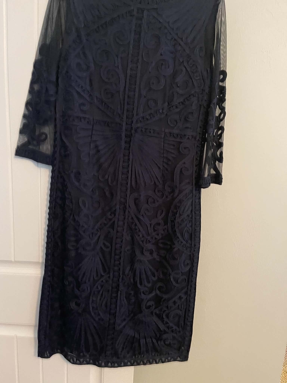 JS Collections Navy Embroidered Midi Dress with Sheer Three-Quarter Sleeves